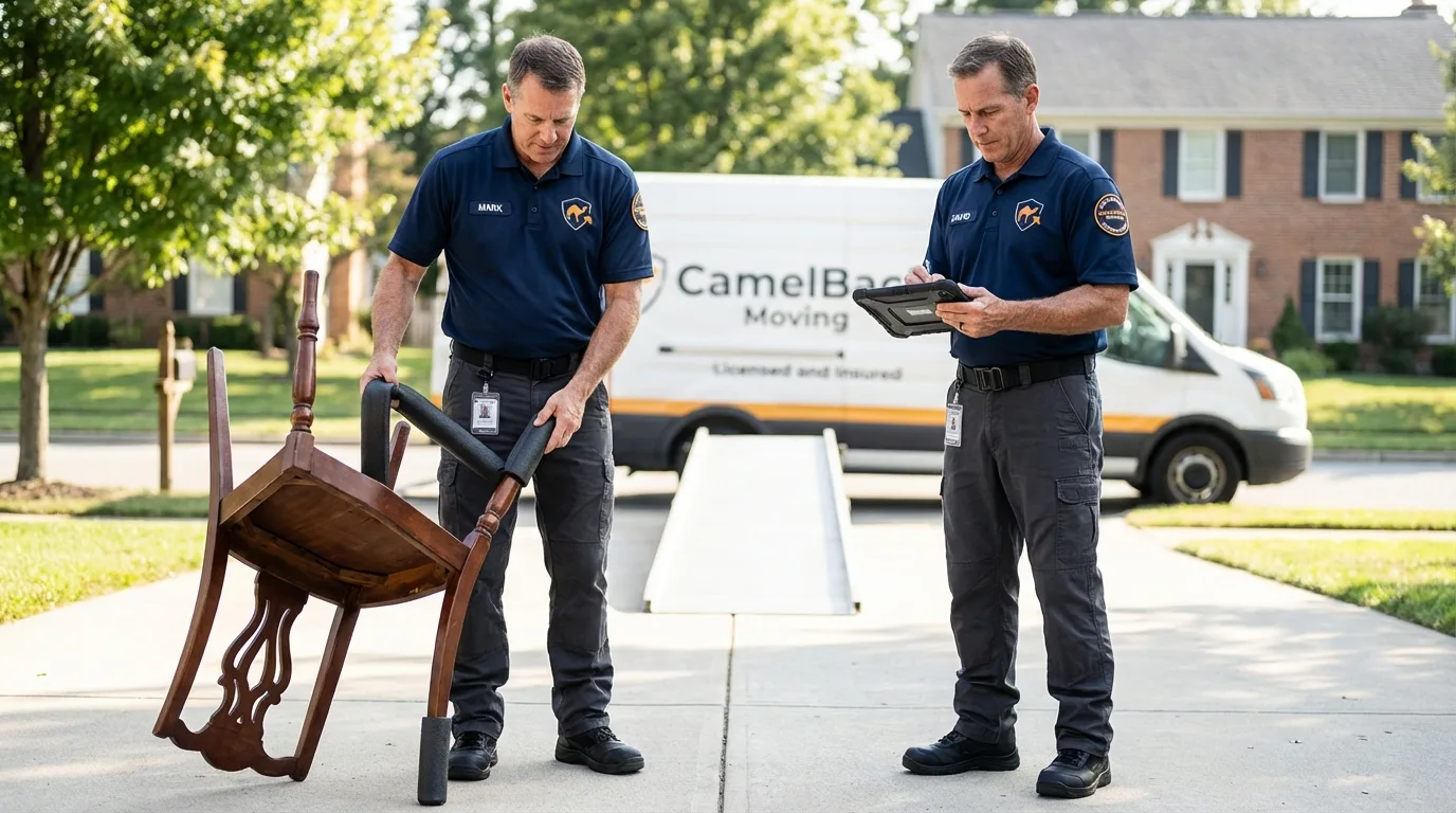 Movers inspecting furniture for damage prevention before loading in Oakmont, PA
