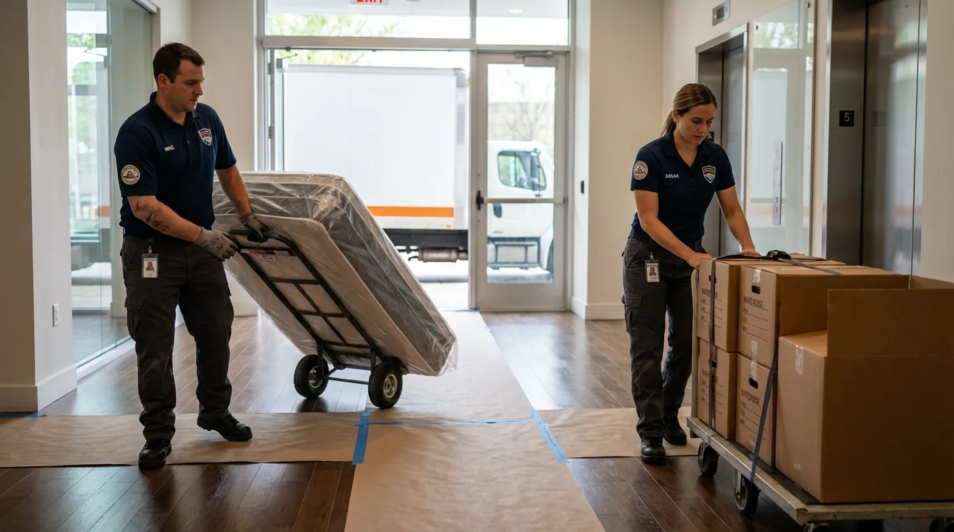 Professional apartment movers loading elevator in Oakmont, PA