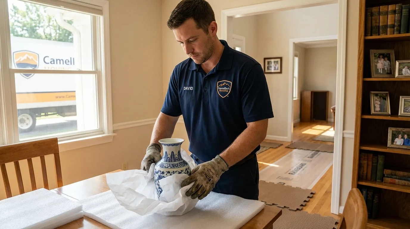 Professional crew carefully wrapping antique vase for senior downsizing move in Oakmont, PA